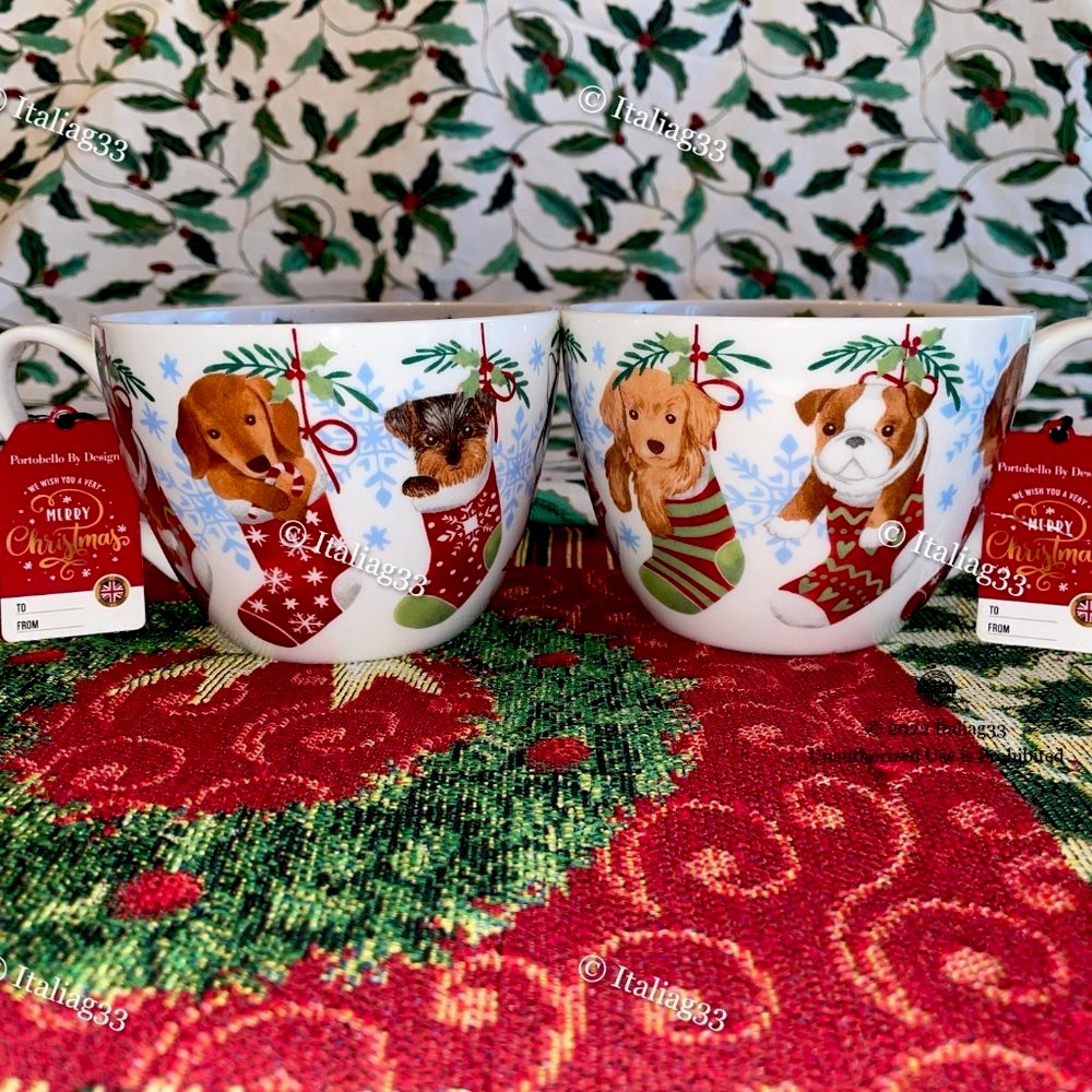 Portobello By Design Cup Mugs Dogs in Stockings Holiday Warm Wishes Bone China - Picture 7 of 12